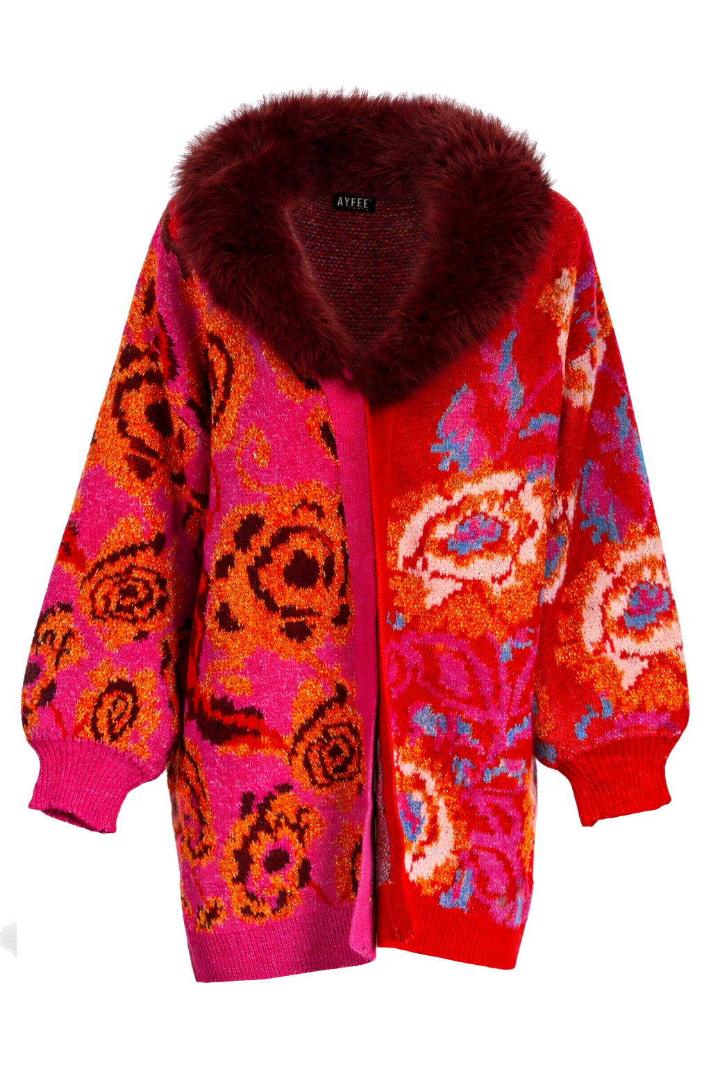 CARDIGAN JACQUARD FLOWERS COLLO PELLICCIA,3 TG,72%PC 22%PL 4%EA, MADE IN PRC 
